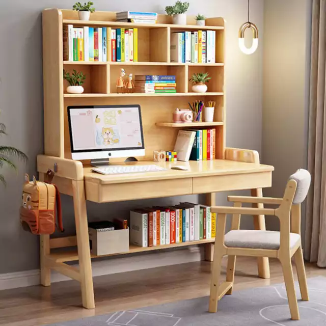Bahid Study Desks/Solid Wood Study Desk with Shelf/Home Office/Natural wood c...