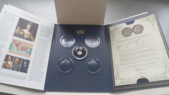 London Mint King George V Silver Three Pence Coin & Monarchs Collector Folder