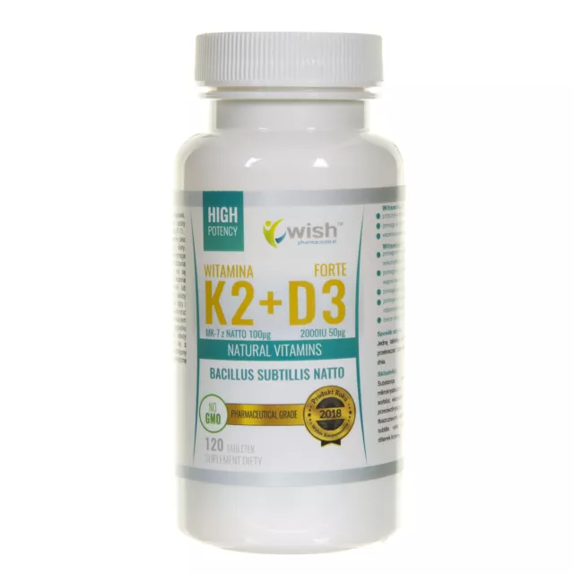 Wish Vitamin K2 MK-7 From Natto 100 mcg + D3 2000 IU 50 mcg, 120 comprimés