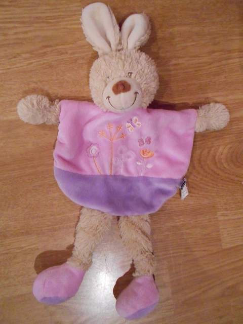 DOUDOU peluche PLAT TEX baby LAPIN rabbit ROSE MAUVE VIOLET FLEUR PAPILLON doux