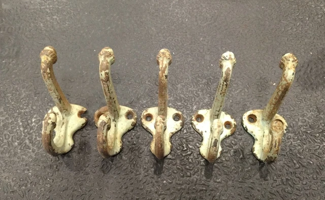 5 Vintage Heavy Cast Iron Double Coat & Hat Hooks Acorn Tip Hardware Part - lw