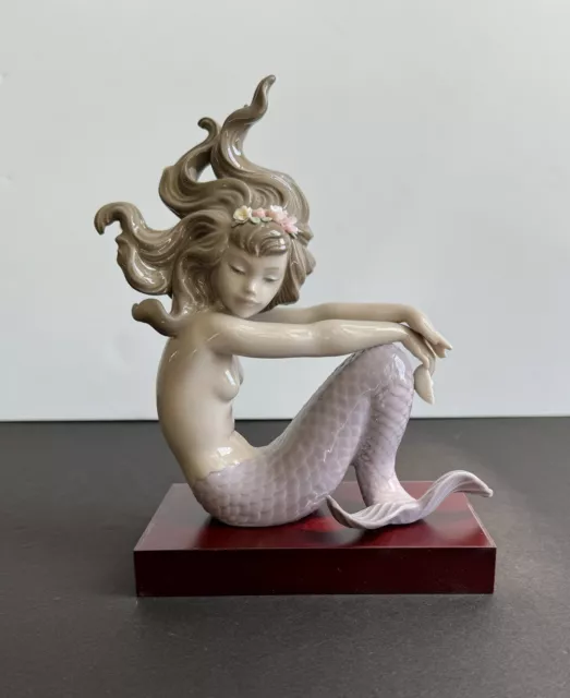 Lladro 1413 Mermaid Illusion Figurine Holding Seashell With Stand & Box Vtg