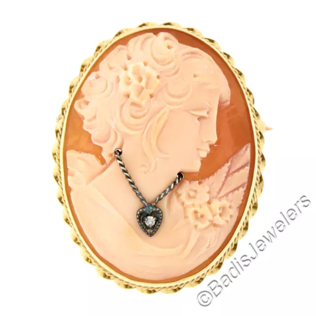 Vintage 14k Gold Carved Shell Cameo w/ Necklace & Twisted Wire Frame Pin Brooch