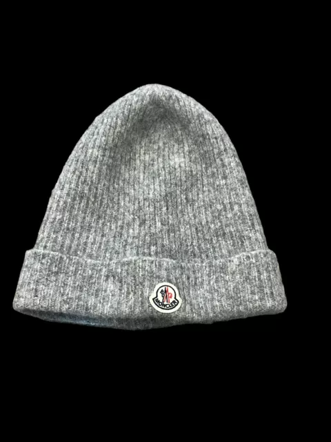 Moncler Womens Authentic Gray Wool Alpaca Knit Logo Berretto Beanie Hat $335 O/S