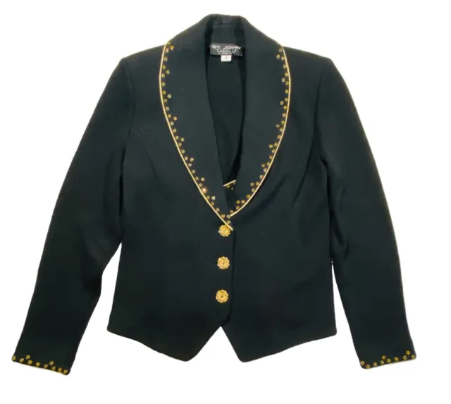 ST JOHN KNITS Evening Marie Gray Jacket Black & Gold Paillettes Rhinestones  Sz 2 $150.00 - PicClick