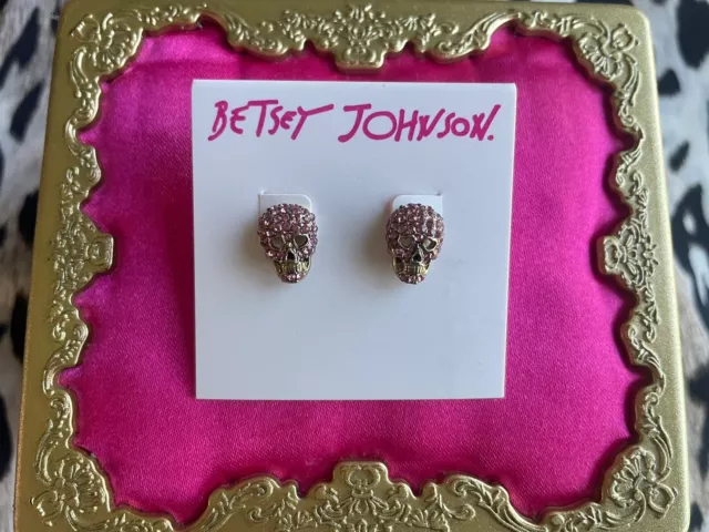 BETSEY JOHNSON SKULLS And Roses Pink Crystal Gold Skull Heart Eyes Stud ...