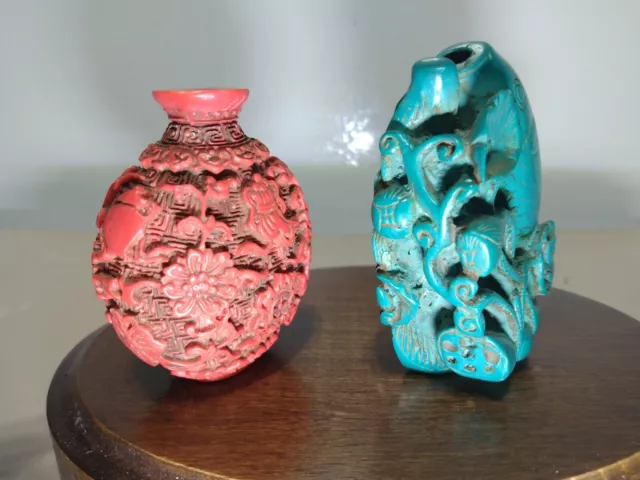 Two Rare Hand Carved Asian Snuff Jars Cinnabar/Fish Wildlife Antique Art ~2.5in.