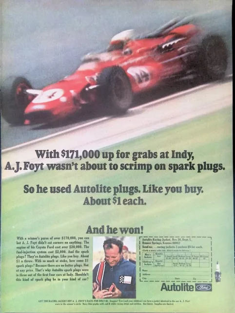 Print Ad 1968 Ford Coyote Autolite Spark Plugs Indy 500 A J Foyt