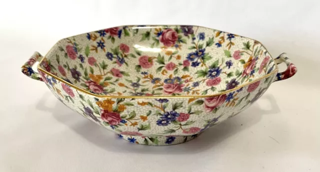 Vtg Pre-1960 Royal Winton Grimwades Ivory Old Cottage Chintz Handle Octagon Bowl