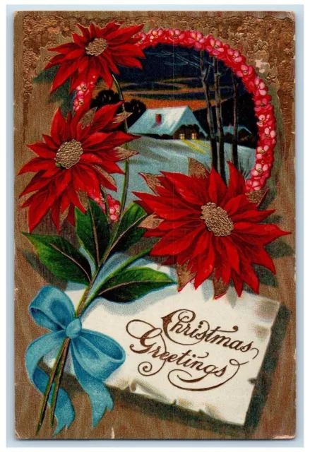 c1910's Christmas Greetings Pointessia Flowers Gel Gold Gilt Embossed Postcard