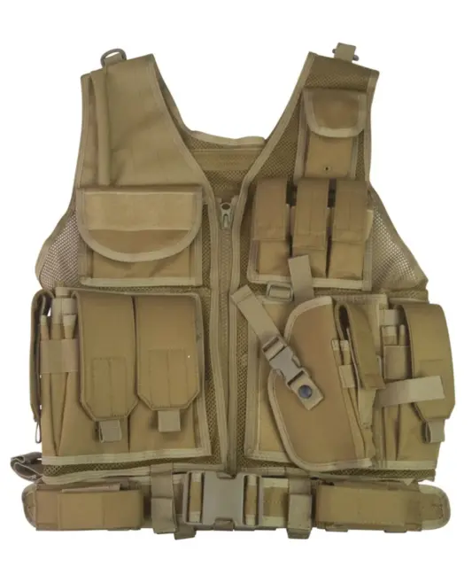 Cross Draw Tactical Vest Coyote Military Airsoft Paintball MOLLE Webbing