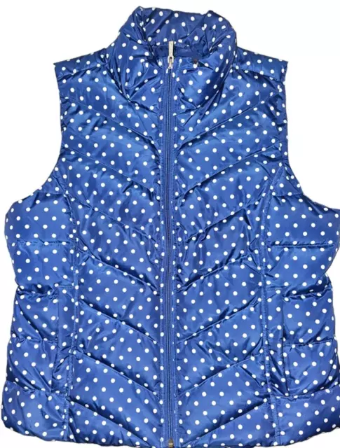 Lands End Womens Down Filled Puffer Vest Blue Polka Dot Quilted Medium 10-12