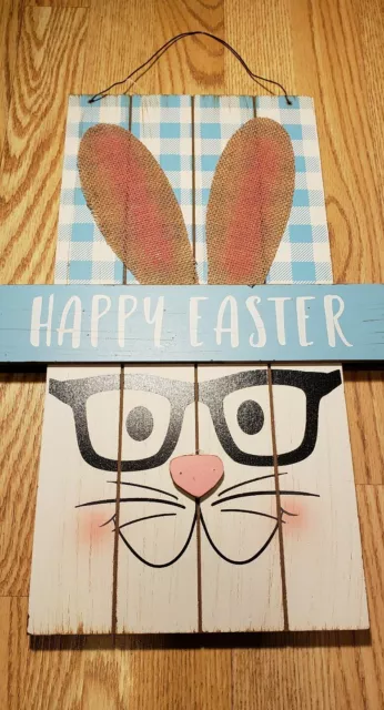 "Happy Easter" WOOD SLAT SIGN Rabbit Bunny with glasses NEW Porch Holiday CUTE