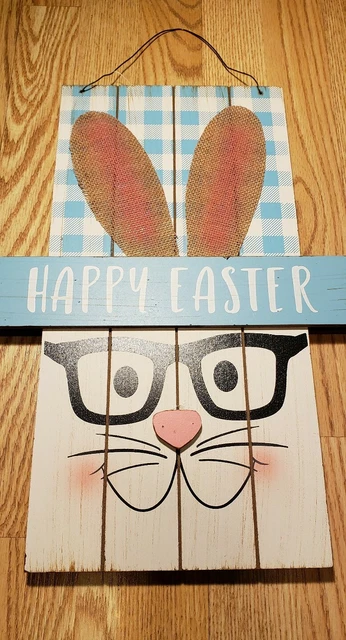 "Happy Easter" WOOD SLAT SIGN Rabbit Bunny with glasses NEW Porch Holiday CUTE