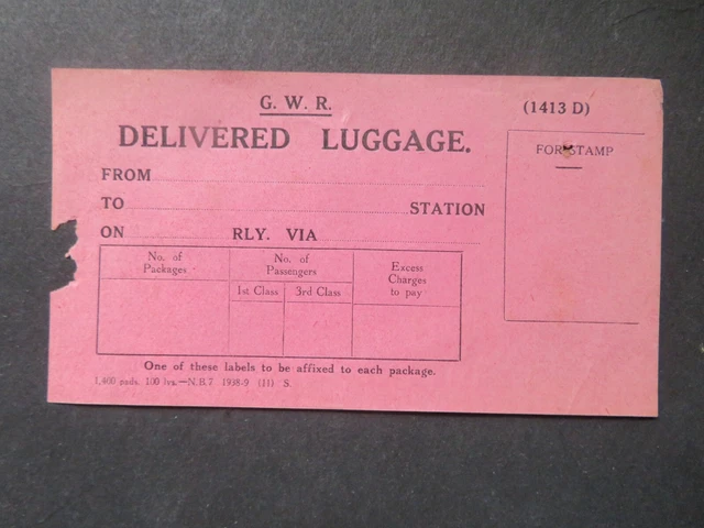 Vintage Unused GWR Delivered Luggage Label