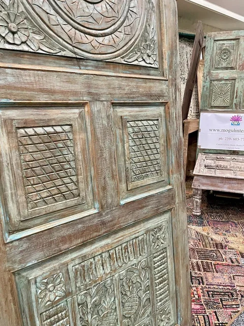 Vintage Carved Barn Door, Reclaimed Wood India Artistic Blue Sliding Door, 80x36 2