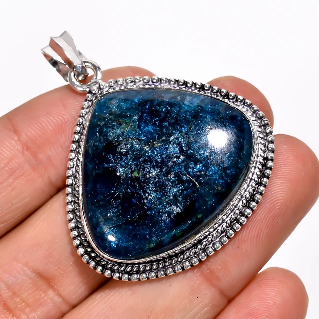 Neon Blue Apatite Vintage Handmade 925 Sterling Silver Pendant 1.8" GSR-3829