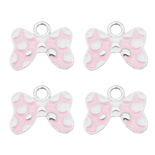 12 Stück Rosa Emaille Bogenknoten Getupft Charm Silber für Anhänger DIY 18x14 mm