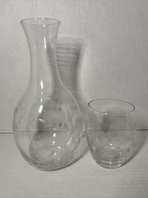 Vintage Glass Tumble Up Etched Flowers Bedside Water Carafe & Glass Tumbler  7”