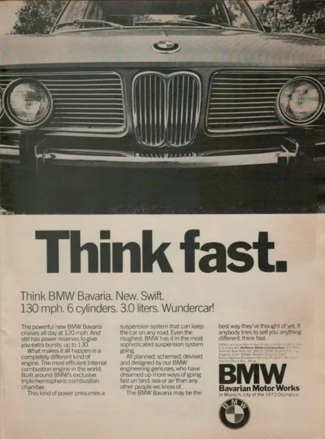1971 BMW Bavaria 3.0 Liter 6-cylinder Think Fast Front Grille VINTAGE PRINT AD