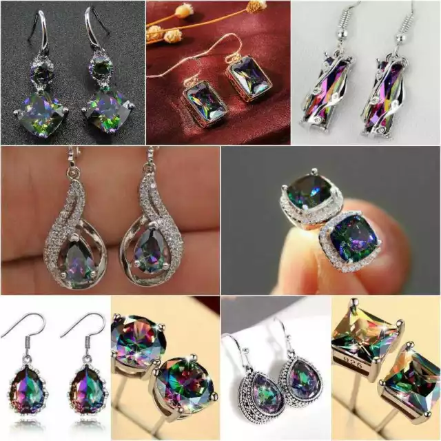 Luxury 925 Silver Bridal Jewelry Drop Earrings for Women Mystic Topaz A Pair/set