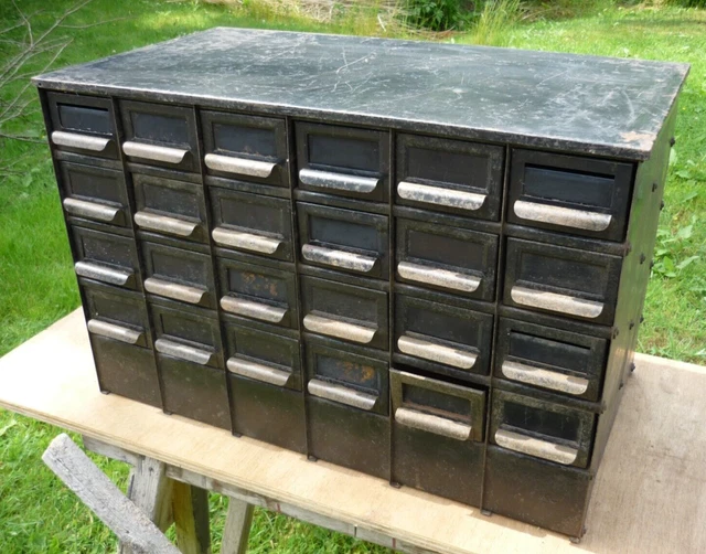 Vintage / Antique Industrial Black Steel Engineers 24 Drawer Cabinet