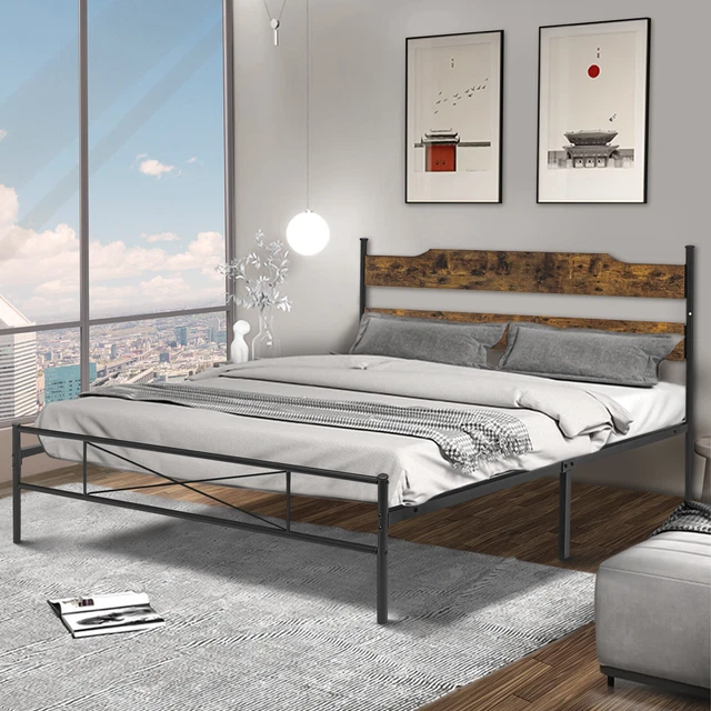 Lusimo Queen Size Metal Platform Bed Frame with Wooden Headboard, Black & Brown