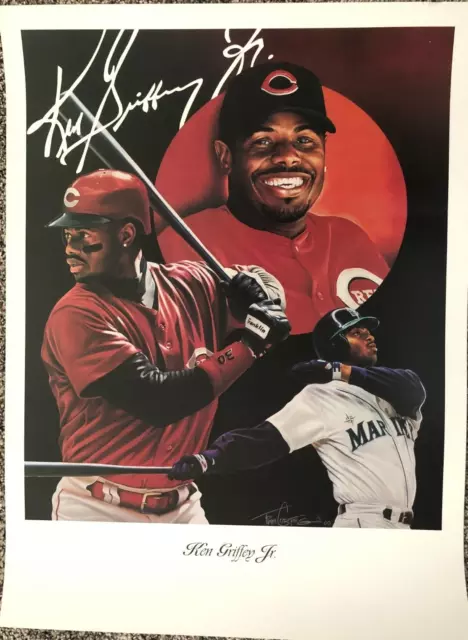 2000 Ken Griffey Jr Reds Mariners Lithograph Poster by Tim Cortes 18 x 24 inches