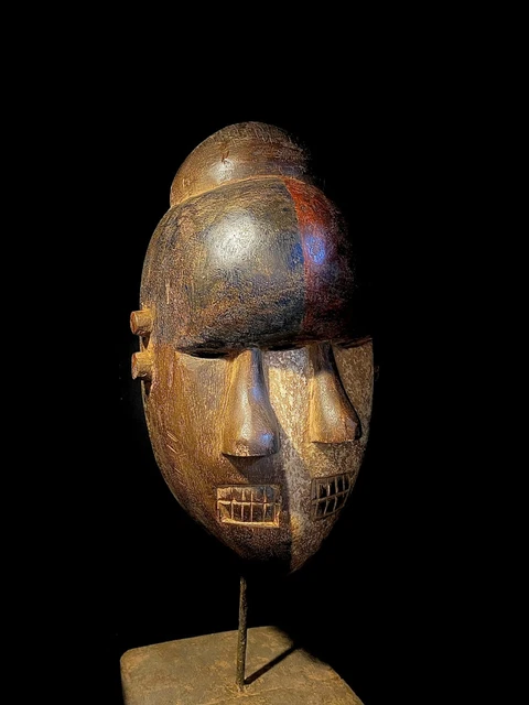 African Tribal Face Mask Wood Hand Carved Vintage Wall Hanging KWELE Gabon 1274