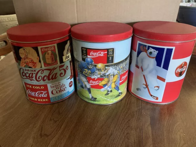Lot Of 3: Vintage Coca-Cola Round Metal Tin Can 1990s 1993 Sports, Polar Bear