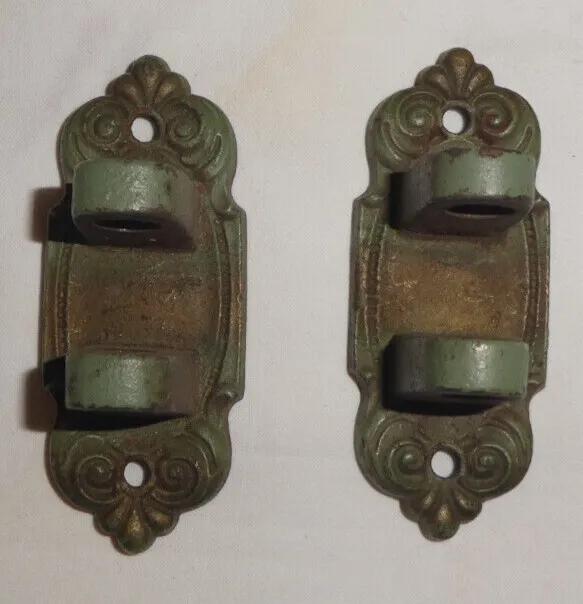 Matching PAIR Antique Vintage Cast Iron Curtain Rod Oil Lamp Wall Bracket Victo