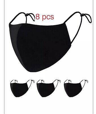 8 Face Masks Black Cotton Adult Mask Adjustable Elastic Loops Washable Reusable