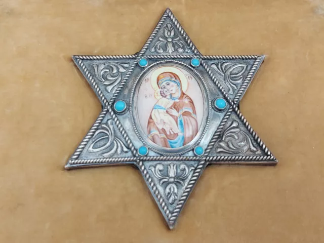 Antique Imperial Russian Faberge Silver Enamel Turquoise Star Icon Moscow