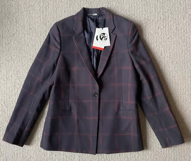 Paul Smith Womens 100% Cotton Check Blazer Jacket Navy Blue Size 42 *New* Bnwt