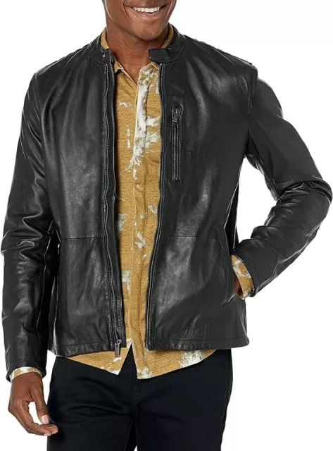 John Varvatos Star USA Men's Black Leather Band Collar Racer Jacket Size Medium