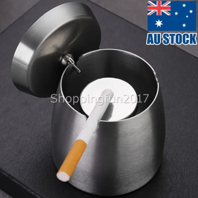 Stainless Steel Ashtray Wind Proof Smoking Cigarette Round Ash Tray Bin W/ Lid