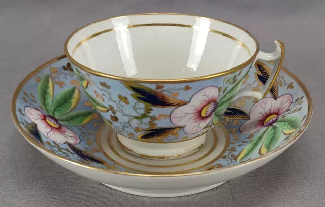 British Hand Painted Pink Floral Blue & Gold Tea Cup & Saucer Circa 1815-1820 B