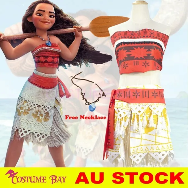 Girls Moana Animie Movie Princess Cosplay Dress Costume Skirt with Free Necklace