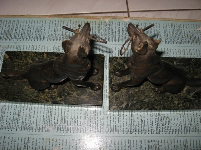 Serre-Livres Chiens Art Déco. En Régule Patine Bronze Cuivré, Socle