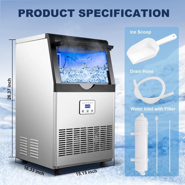 24.4 In. Commercial Ice Maker 360 Lb./24 H Stainless Steel Freestanding Ice Maker Machine With Full Cube Production JR126BG