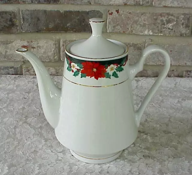 Tienshan Deck the Halls Christmas Coffee Tea Pot w/lid 8 3/4" Tall  Poinsettias