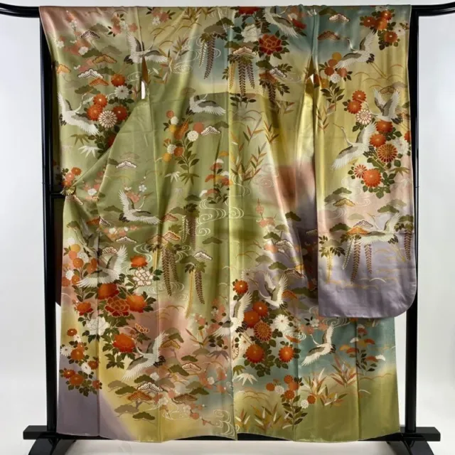 Woman Japanese Kimono Furisode Silk Crane Plum Blossom Pine Gold Foil Matcha