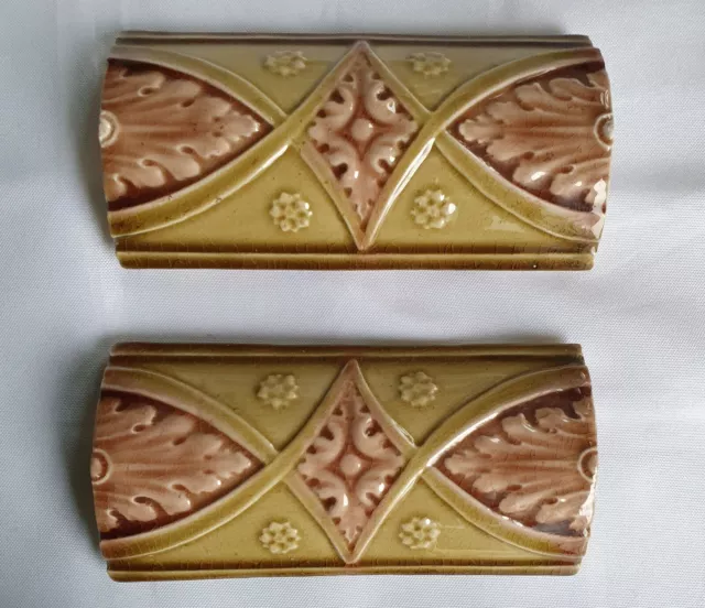 Pair of Convex Victorian Majolica tiles.  Mintons ? C1899. 6 x 3 inch.