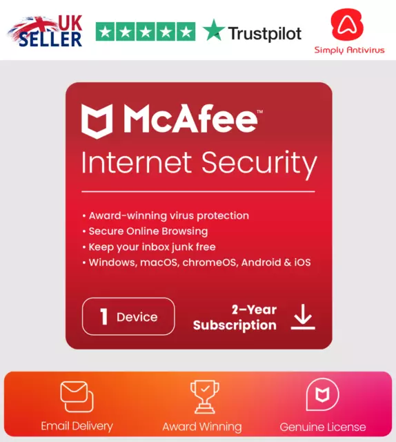 McAfee Internet Security Antivirus 2024 1 Appareil 2 An 5 Minute Email Livraison