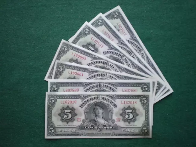 1963-69 Mexico 5 Pesos Bank Note Gypsy 7 Notes Au-Unc