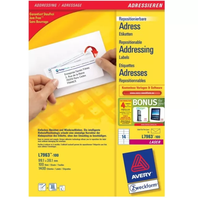 Avery 1400 Etiquetas de Dirección para A4 Impresora DL C6/5 Brief-Umschlag