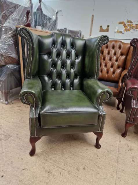 Chesterfield Queen Anne High Back Chair Real Leather Antique Green + Footstool