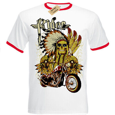 INDIAN Rider T-shirt BIKER MOTORCYCLE SKULL Chief da uomo RINGER