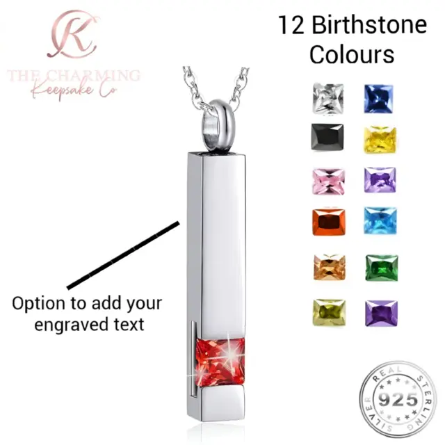 Engraved Cremation Ashes Birthstone Necklace Silver Ladies Personalised Memorial