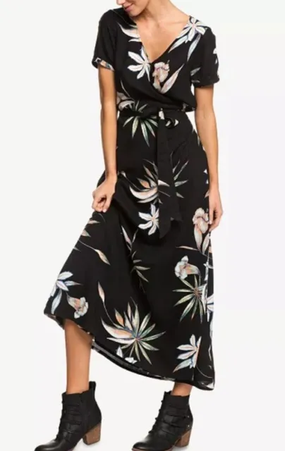 Roxy Short Sleeve Tropical Print Wrap Maxi Dress Black Size Med